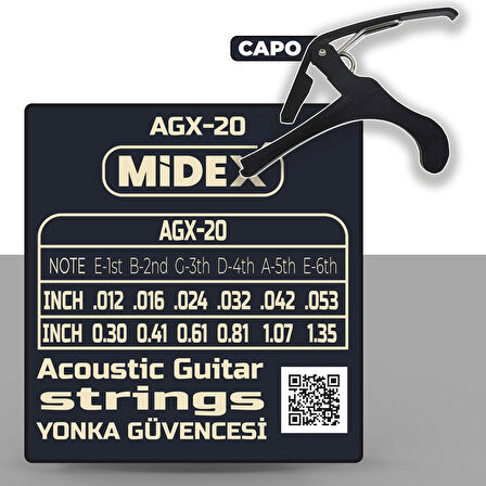 Midex AGX-20C Akustik Gitar Teli Takımı Pena ve Kapo (Capo) Seti